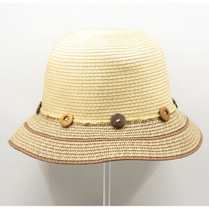 PLATANITOS Paper Straw Wide Brim Bucket Sun Hat Coconut Shell Buttons Beach O/S